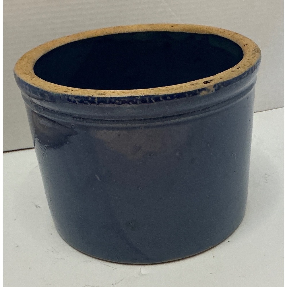 Vintage Stoneware Crock Cobalt Blue Glaze Farmhouse Kitchen Decor 6in